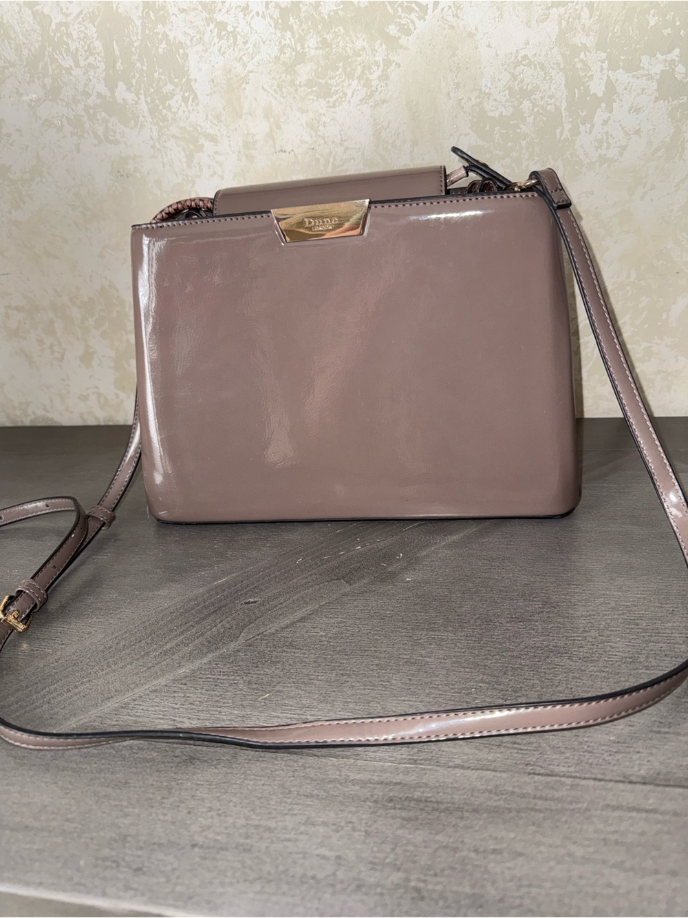 Dune London Mauve Patent Crossbody Bag with Gold Accent